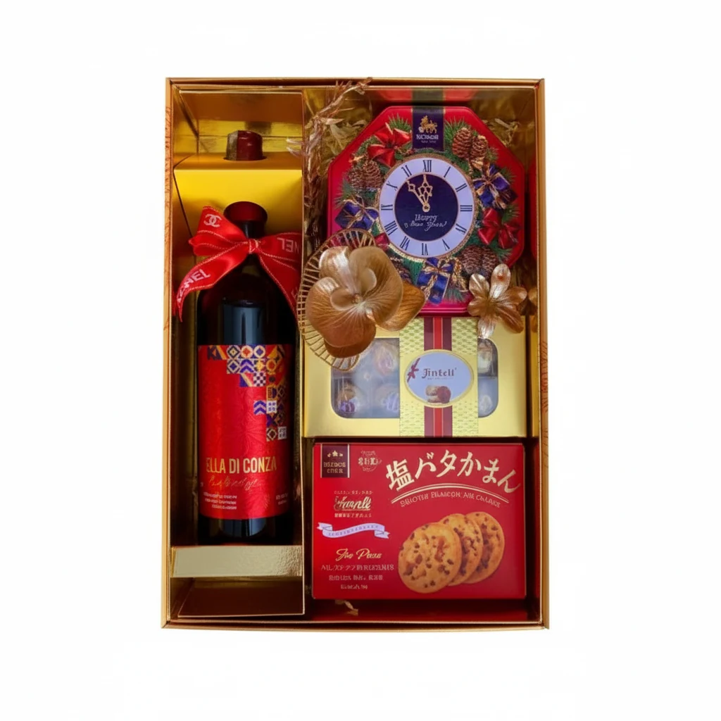 Bốn món trong bộ quà Xuân Về 10: vang, trà, socola và bánh