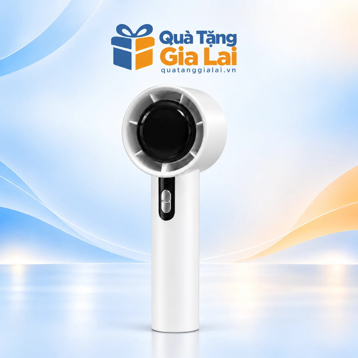 Quạt cầm tay mini 03 màu trắng, đầu tròn và cụm nút trên thân