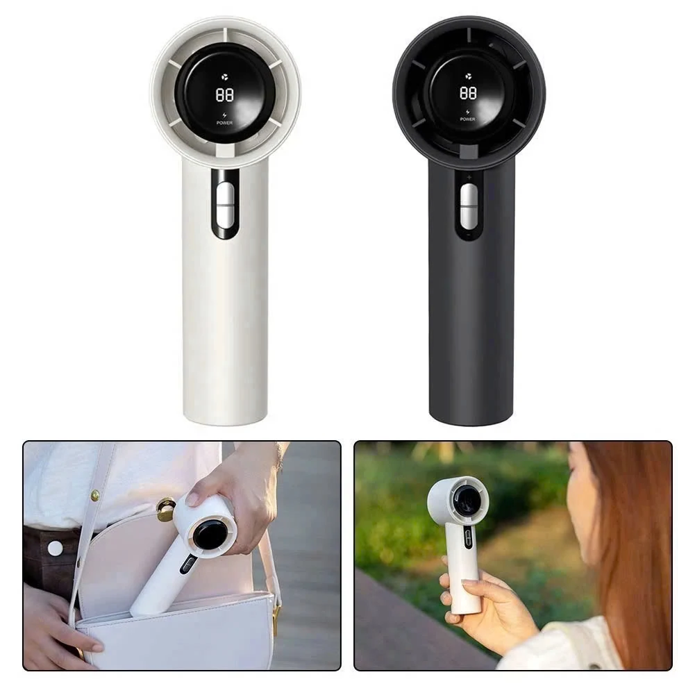 Quạt mini 03 trắng và đen, cùng góc cầm và mang trong túi
