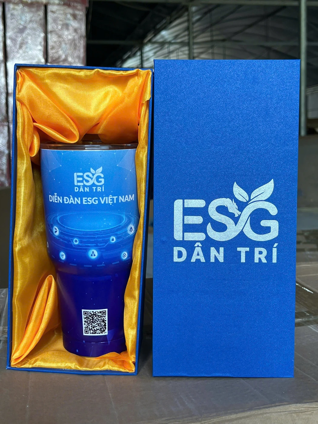 Ảnh thật ly xanh ESG Dân Trí có mã QR ở phần dưới thân, đặt trong hộp lót vàng