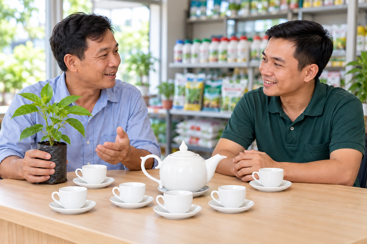 Cảnh minh họa bộ ấm chén trắng được dùng tại bàn tiếp khách của đại lý nông nghiệp