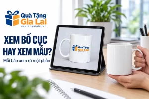 Banner xem bố cục hay xem mẫu, cốc chưa có chữ cạnh bản logo trên màn hình