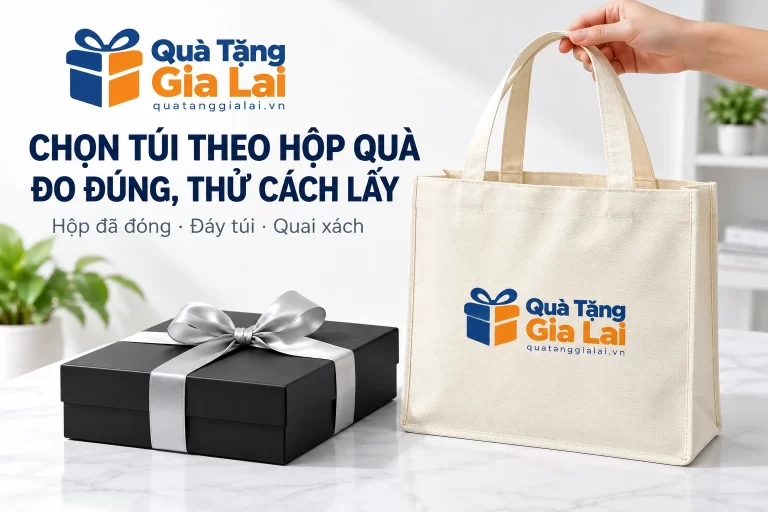 Túi màu kem và hộp quà đã đóng nắp, buộc nơ trong cảnh minh họa