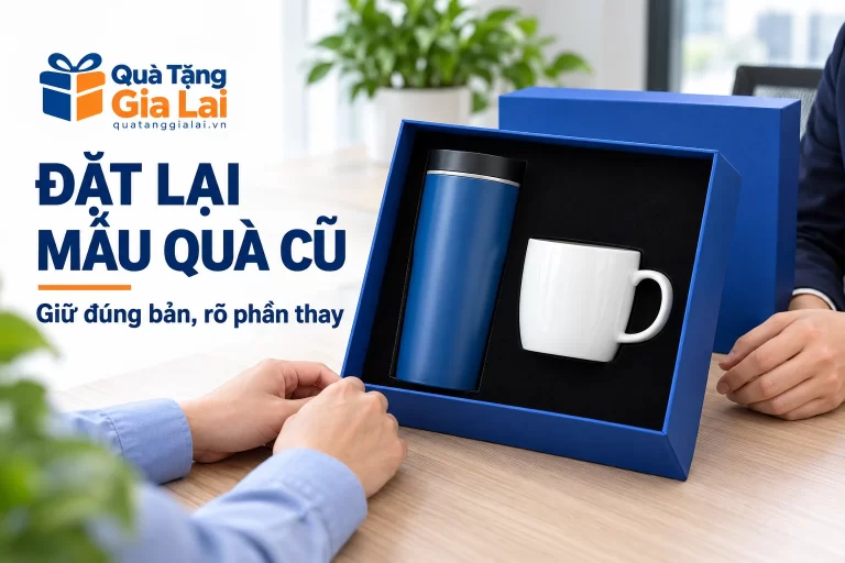 Banner đặt lại mẫu quà cũ, bộ bình xanh và cốc trắng trong hộp xanh
