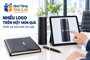 Banner nhiều logo trên một món quà, bản xem hai biểu trưng giả định trên bình
