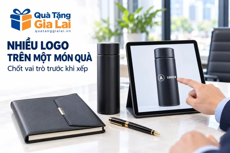 Banner nhiều logo trên một món quà, bản xem hai biểu trưng giả định trên bình