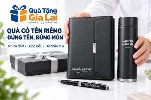 Bình, sổ và bút mang cùng tên giả định Nguyễn Minh An