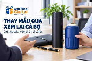 Banner thay mẫu quà, bình cao và bình thấp rộng cạnh sổ và bút