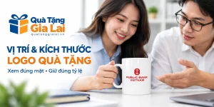 Banner vị trí và kích thước logo quà tặng, hai người xem mặt cốc có logo Public Bank
