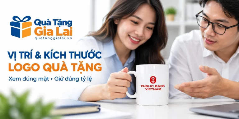 Banner vị trí và kích thước logo quà tặng, hai người xem mặt cốc có logo Public Bank