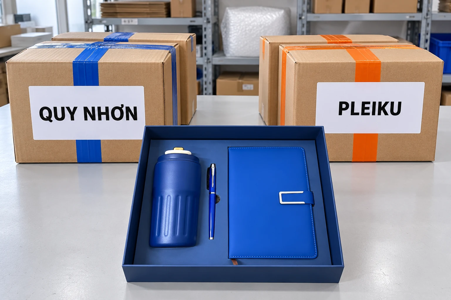 Cảnh chia kiện quà thành nhóm Quy Nhơn và Pleiku với nhãn điểm nhận