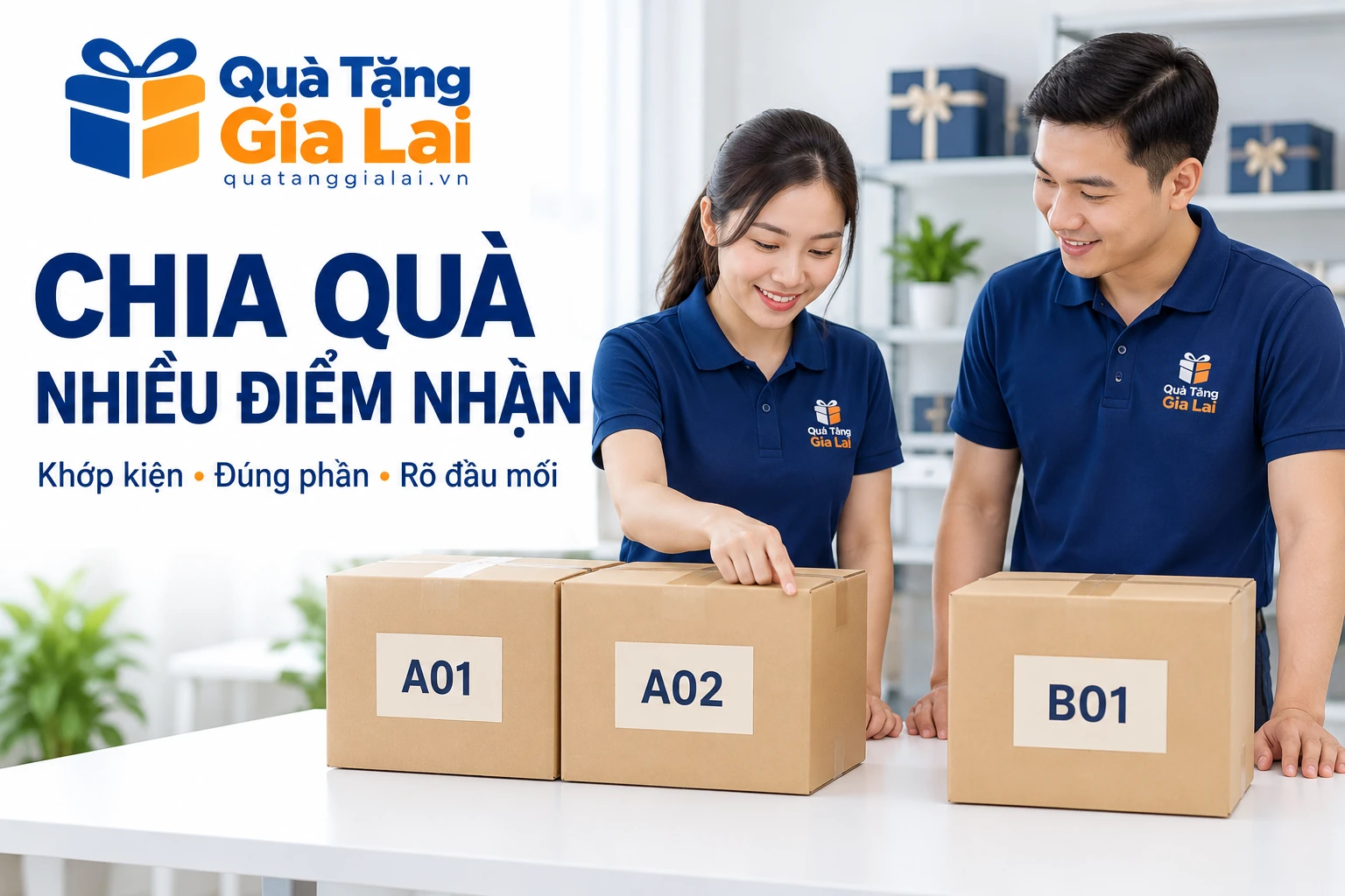 Ba kiện A01, A02 và B01 được đặt thành hai nhóm trên bàn