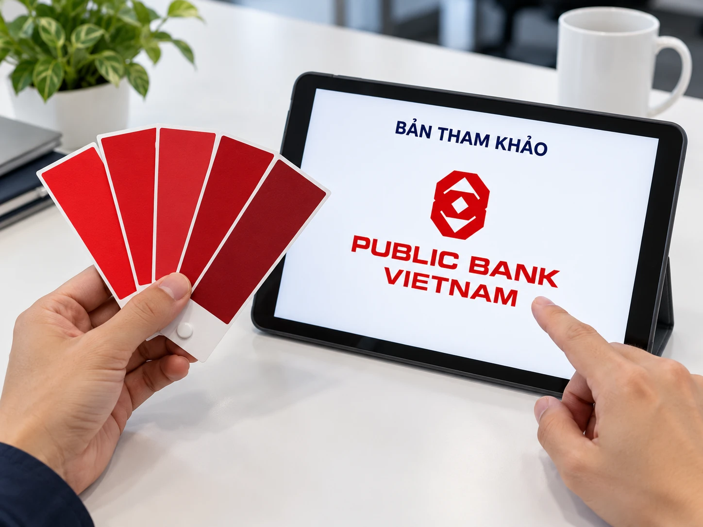 Dải màu đỏ minh họa đặt cạnh bản tham khảo logo trên màn hình