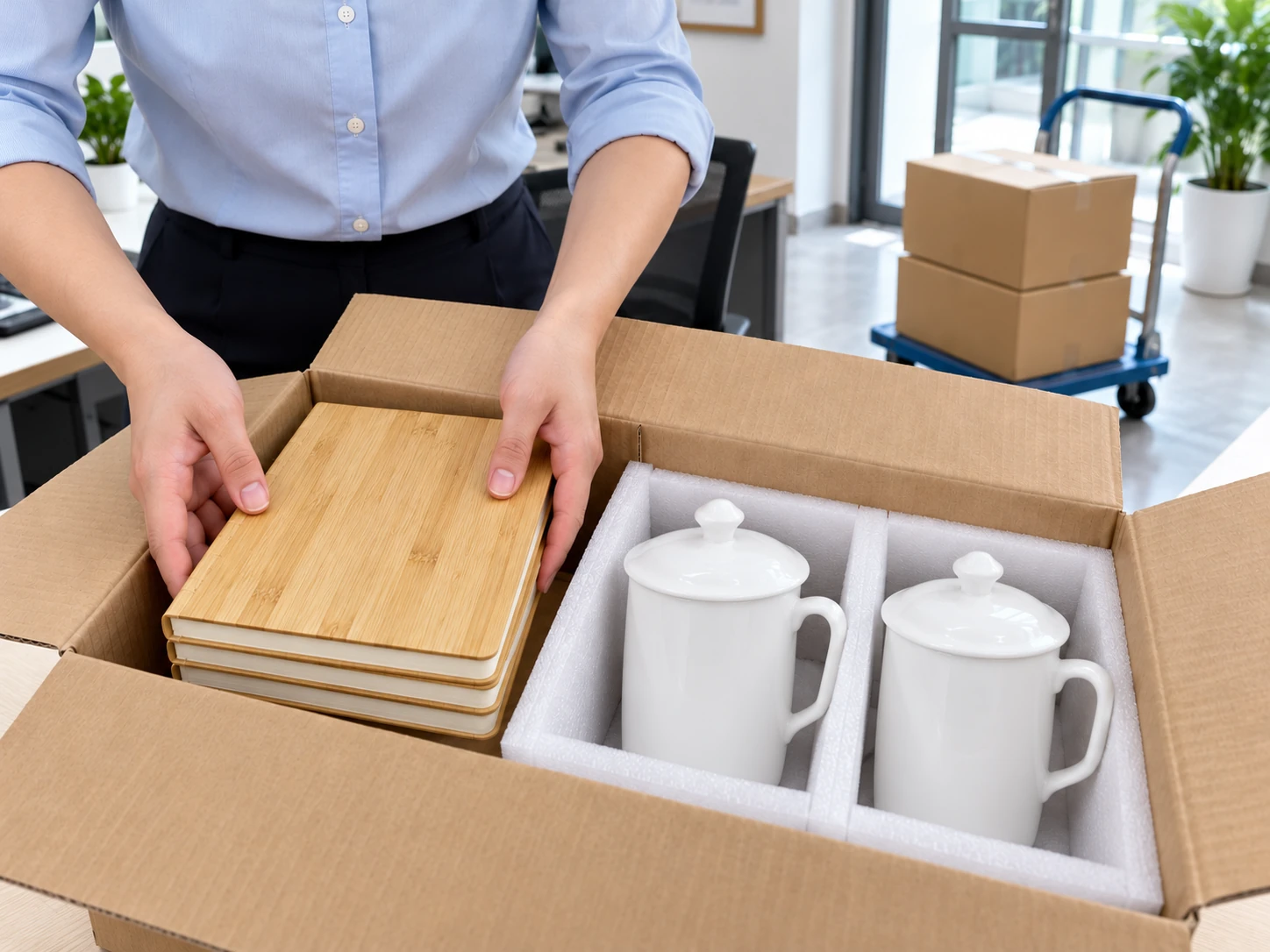 Cảnh minh họa xếp sổ bìa tre và cốc có nắp vào các phần riêng trước khi chuyển tới địa điểm