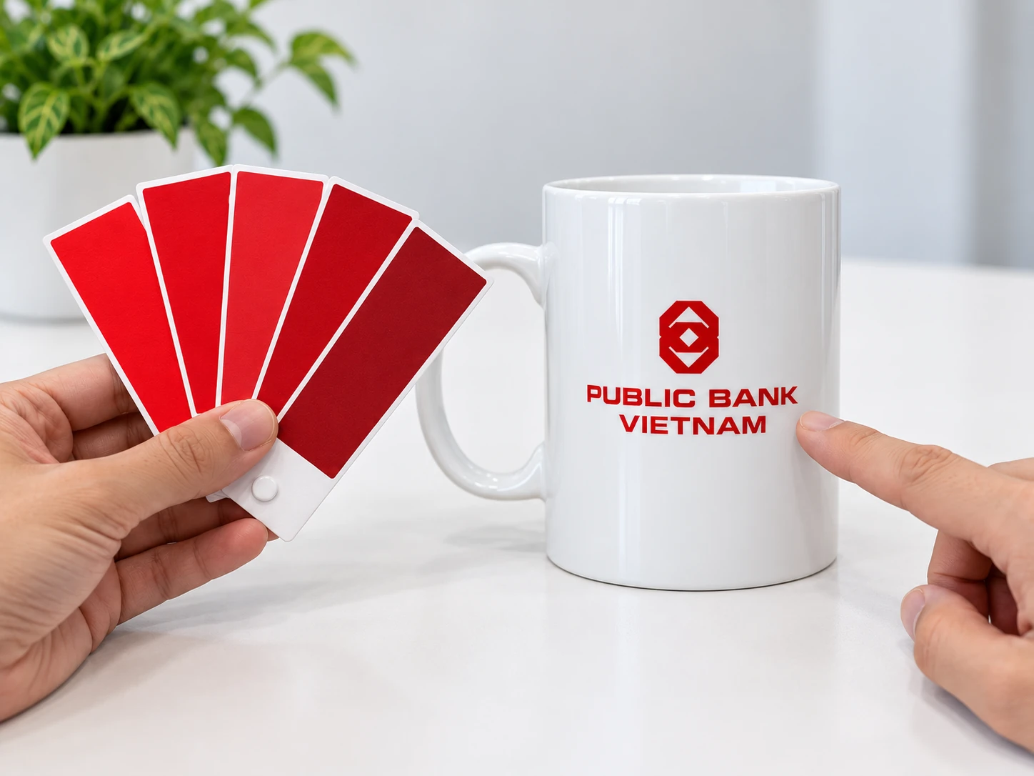 Cốc in logo và dải màu minh họa được đặt gần nhau dưới cùng ánh sáng