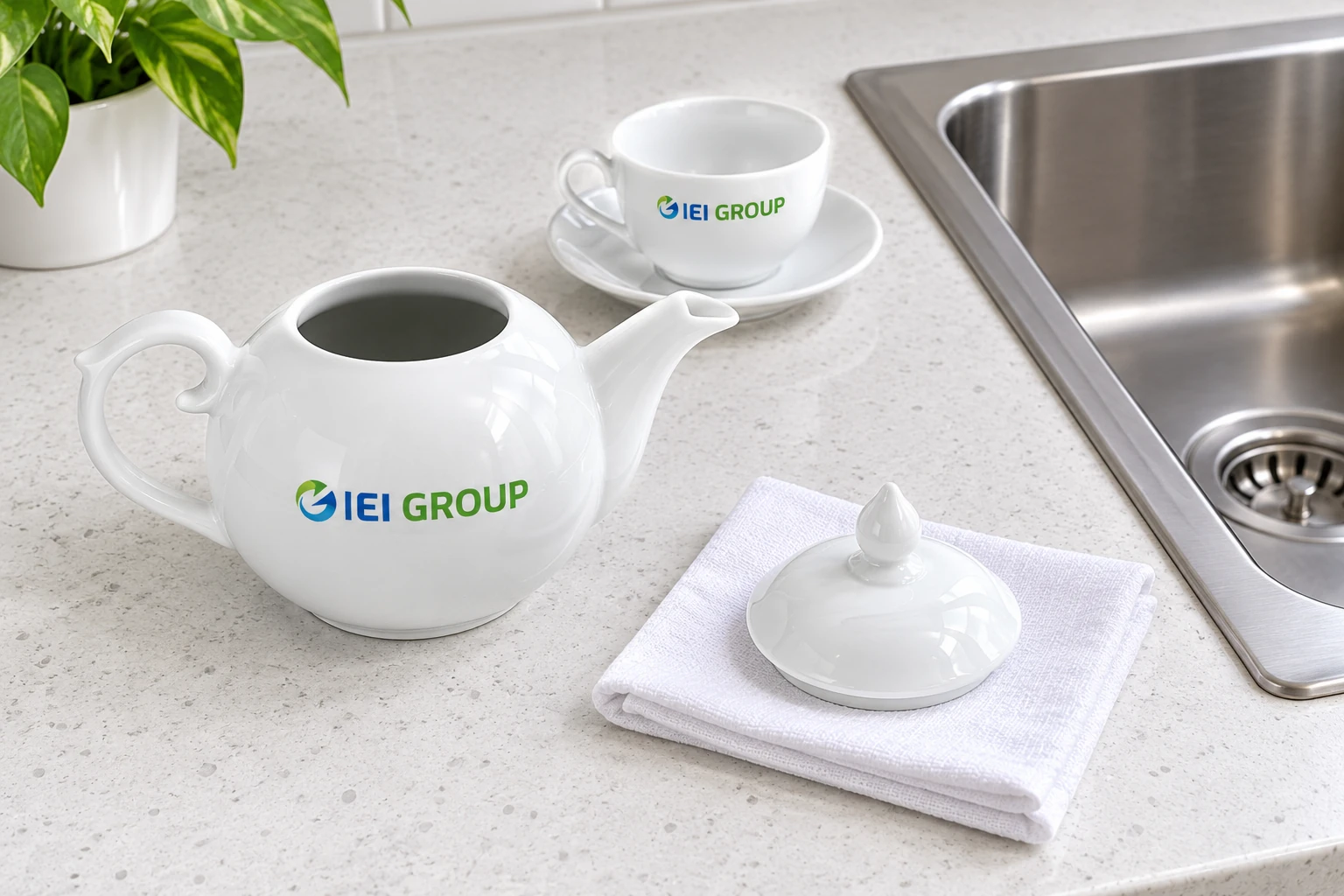 Nắp ấm đặt riêng trên khăn khô cạnh ấm và chén có đĩa