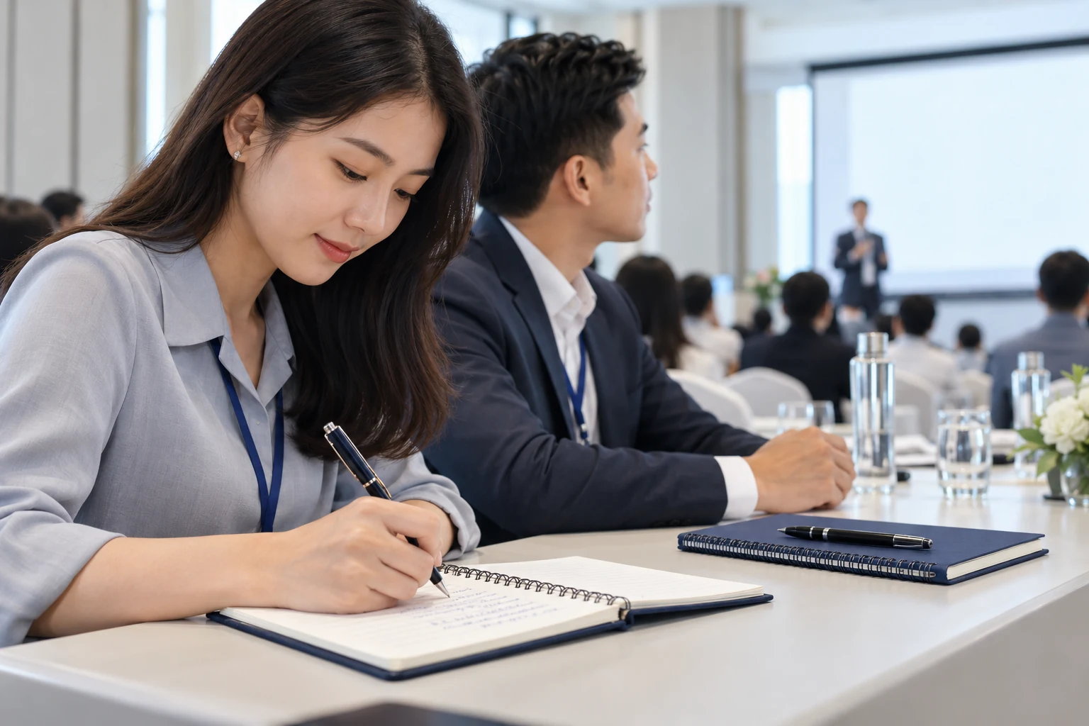 Cảnh tạo người tham dự hội nghị ghi chép trong sổ lò xo đặt trên bàn
