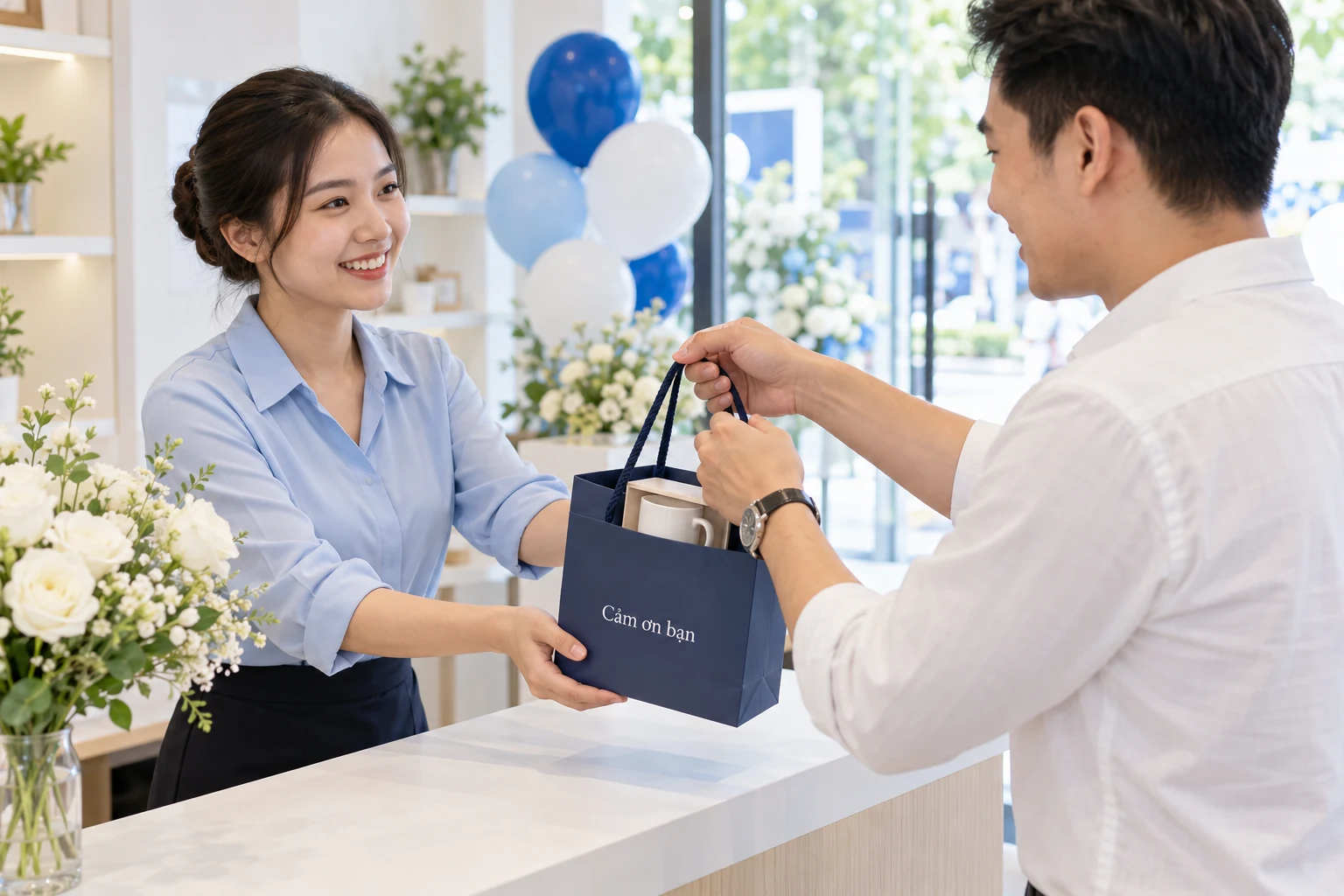 Cảnh tạo nhân viên trao túi quà Cảm ơn bạn có hộp cốc cho khách tại quầy khai trương