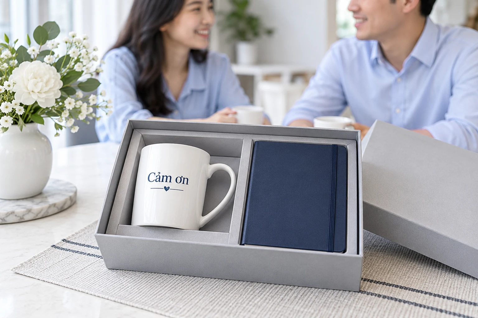 Cảnh tạo hộp quà cốc trắng ghi Cảm ơn và sổ xanh trong buổi gặp