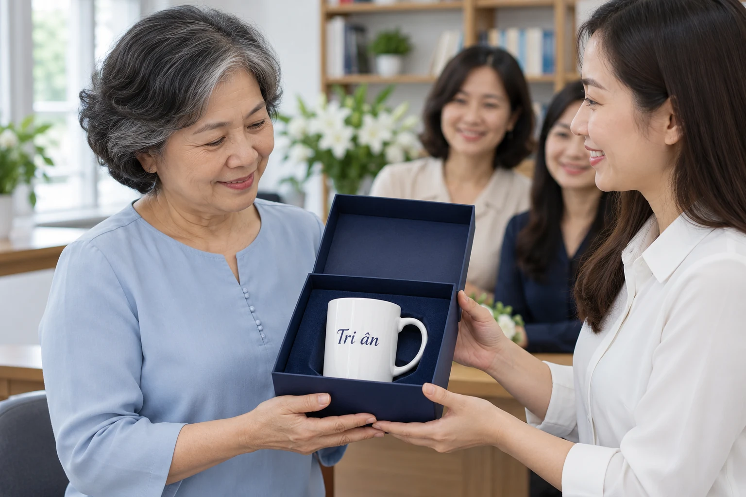 Cảnh tạo cô giáo nhận hộp cốc trắng ghi Tri ân từ một cựu học sinh trưởng thành