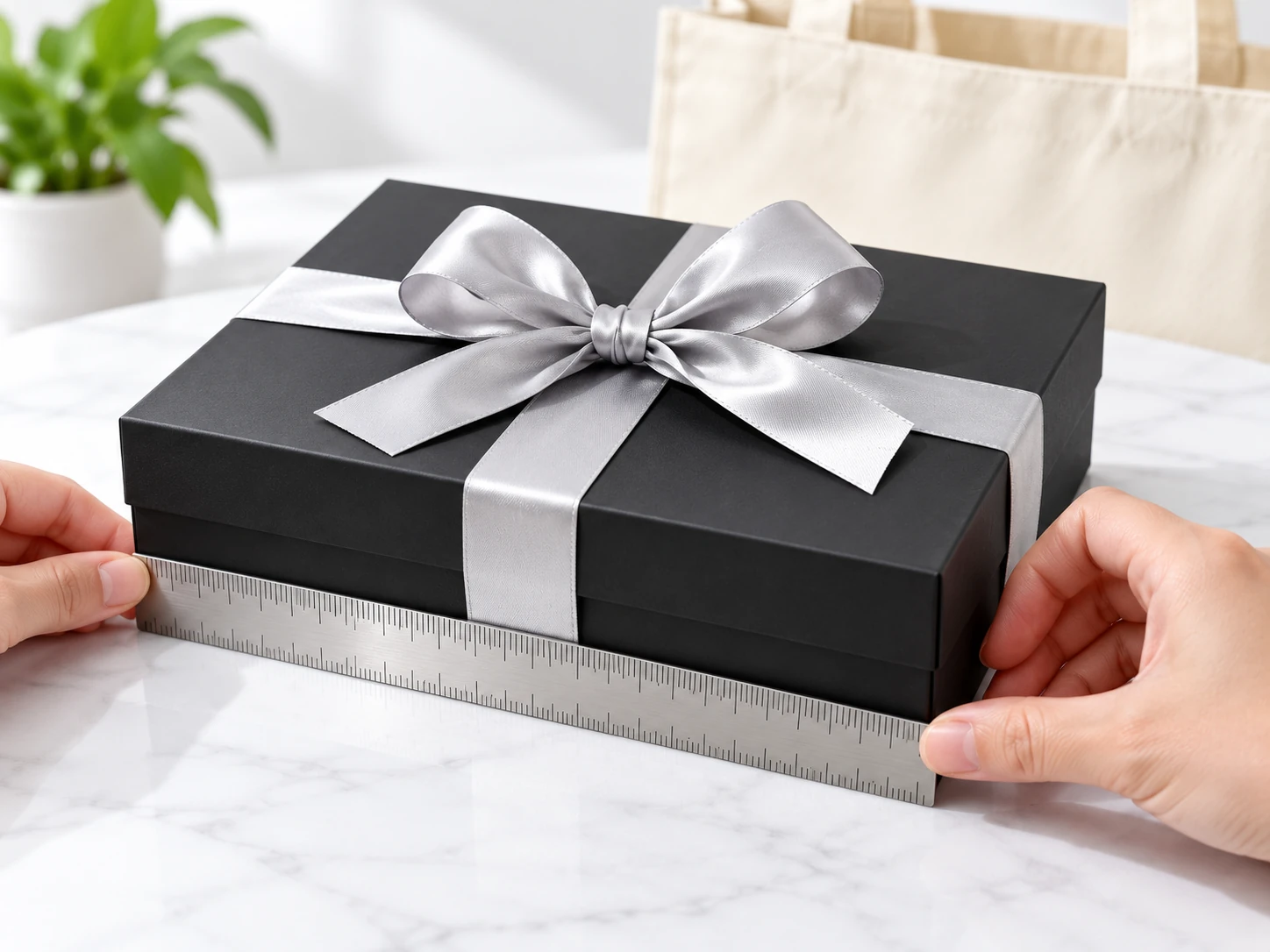 Thước đặt sát cạnh ngoài của hộp đóng nắp và còn nguyên nơ