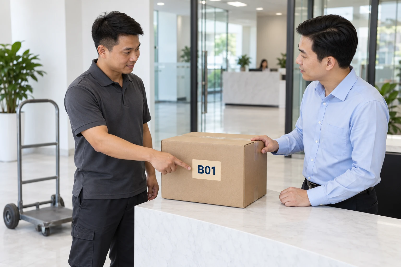 Người giao chỉ mã B01 trên kiện đang đặt ở quầy tiếp nhận