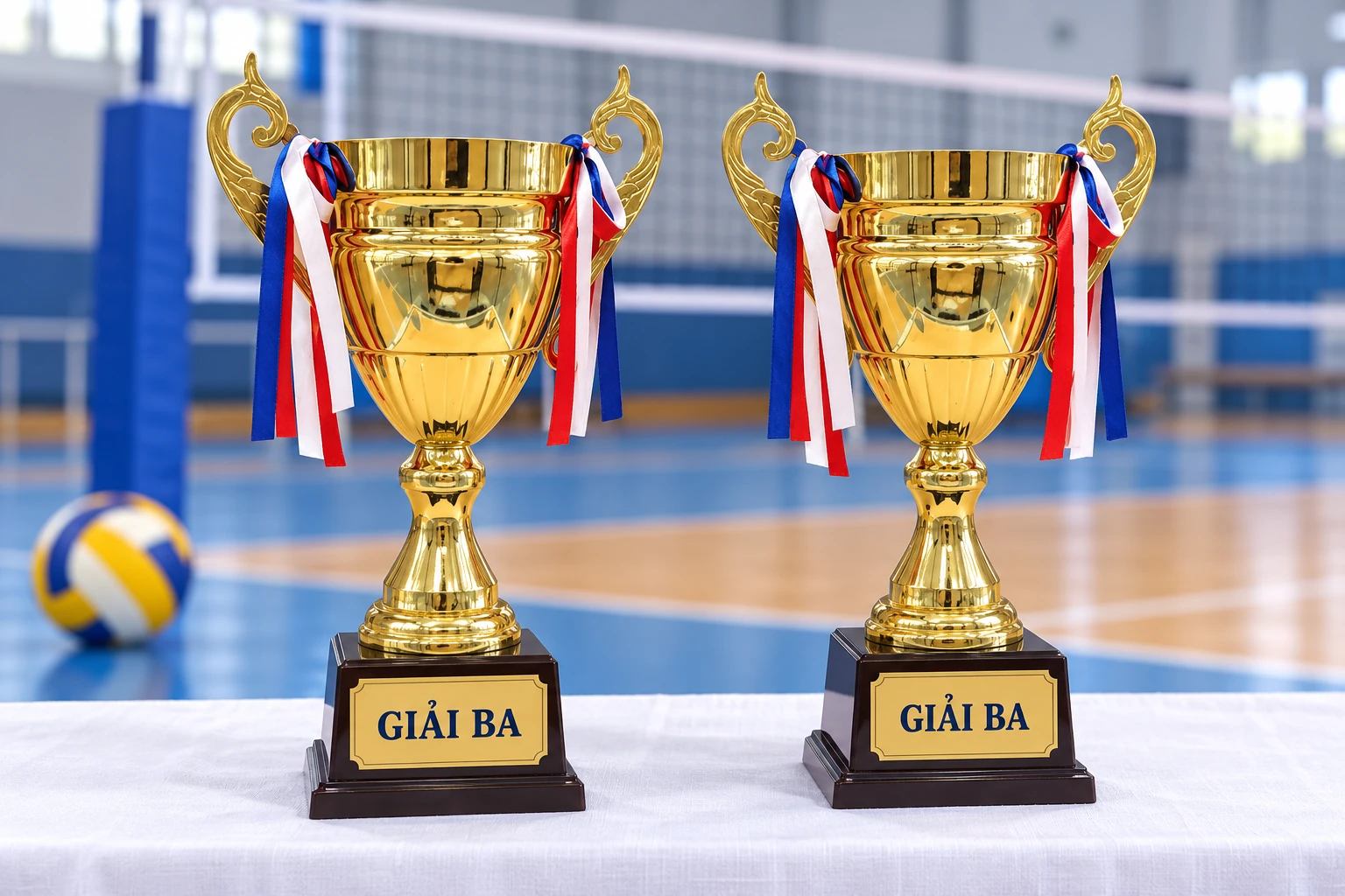 Hai cúp miệng mở cùng ghi Giải Ba đặt tách nhau cạnh sân bóng chuyền