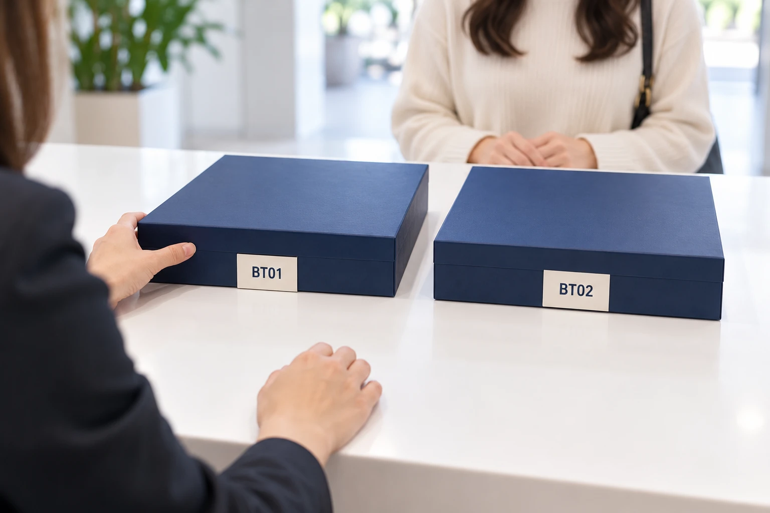 Hai hộp xanh cùng dáng có mã BT01 và BT02 hướng về người đứng bàn