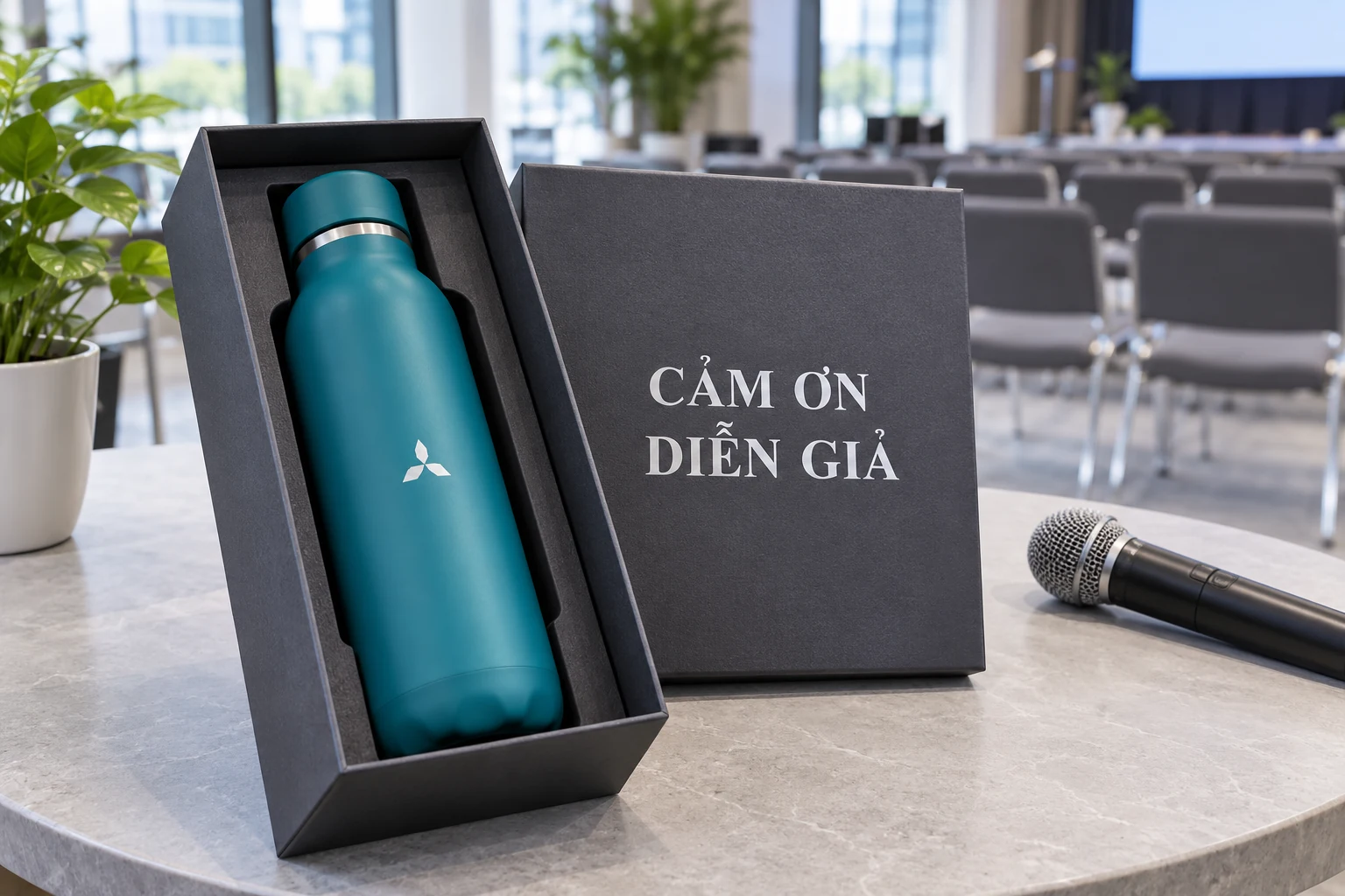 Cảnh tạo hộp bình xanh với lời Cảm ơn diễn giả đặt cạnh micro sau buổi nói chuyện