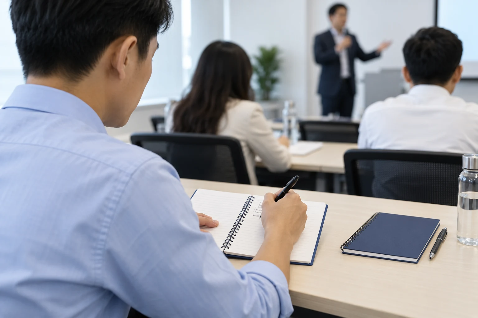 Cảnh tạo người tham dự hội nghị ghi chép bằng sổ lò xo và bút