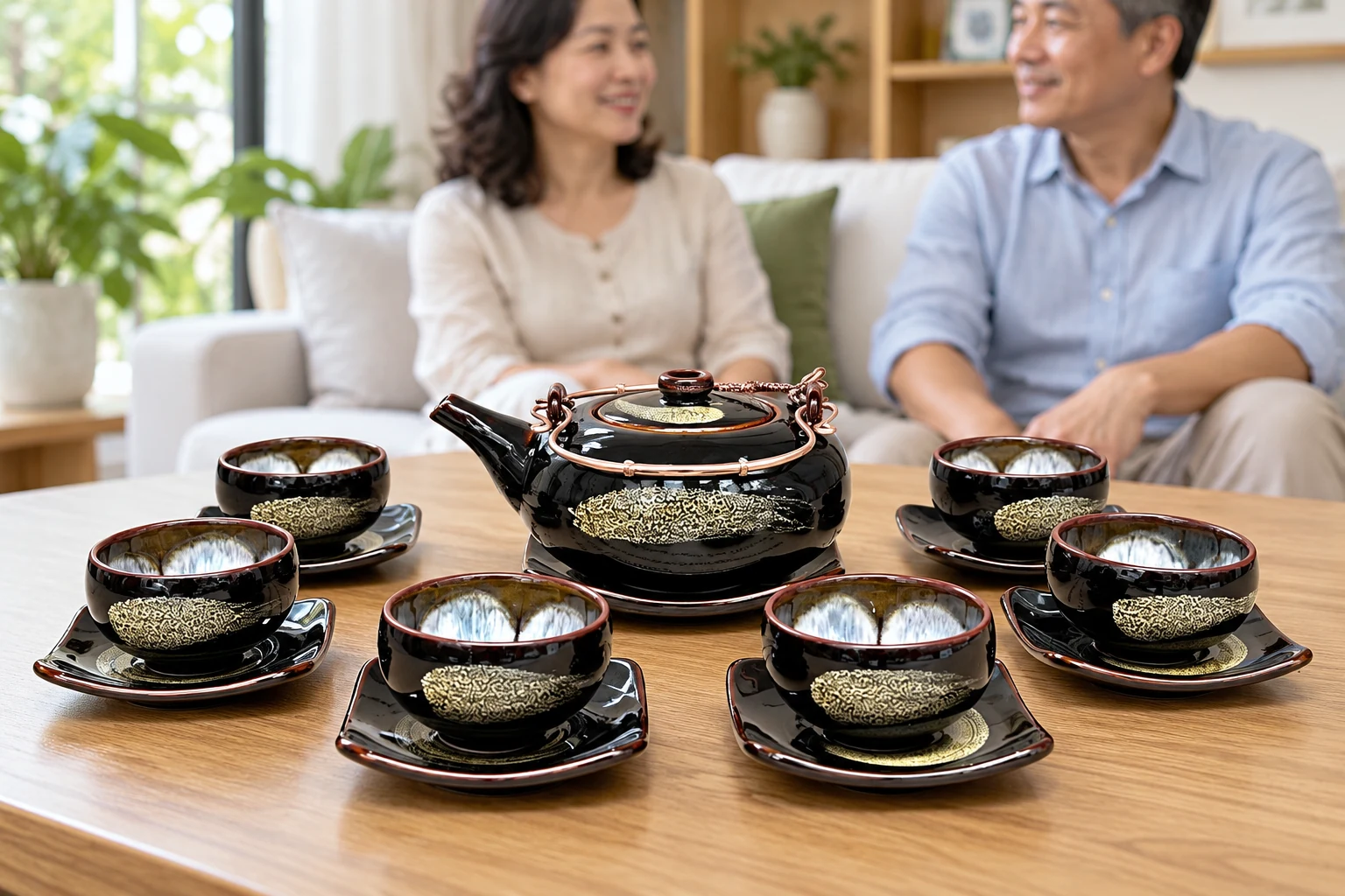 Bộ trà đen có một ấm và sáu chén đĩa đặt trên bàn trong phòng khách ở cảnh tái dựng