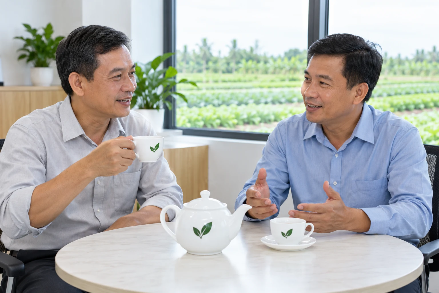 Cảnh tạo hai người trò chuyện bên bộ trà trắng có họa tiết lá tại nơi tiếp khách