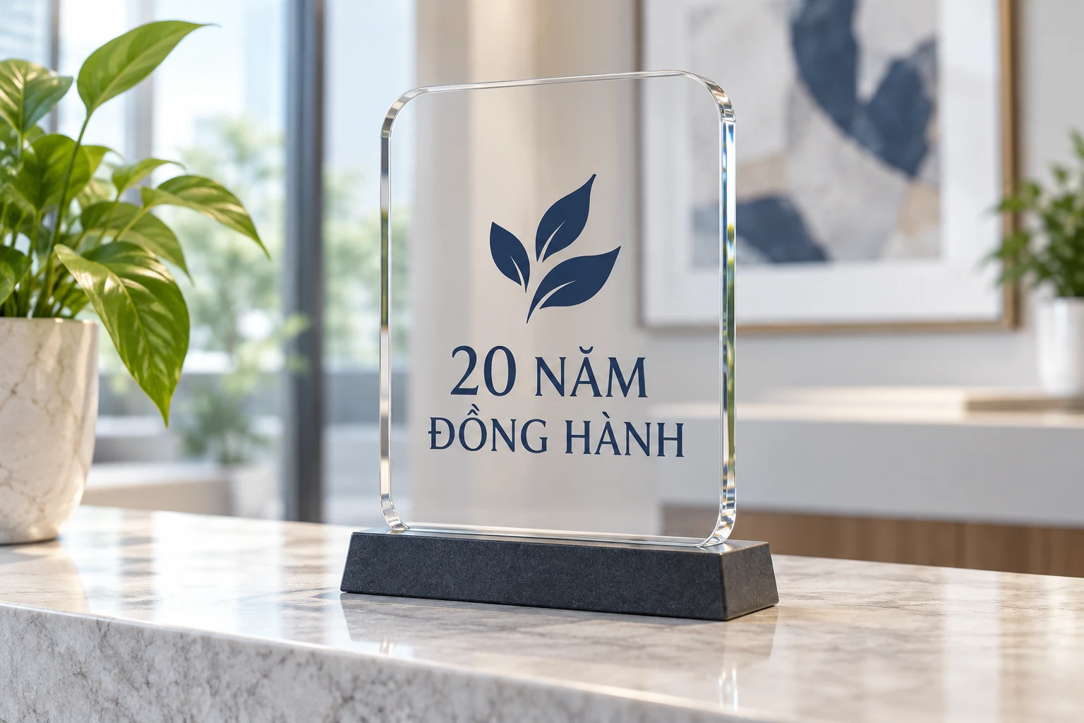 Cảnh tạo biểu trưng trong suốt ghi 20 năm đồng hành đặt ở nơi tiếp khách