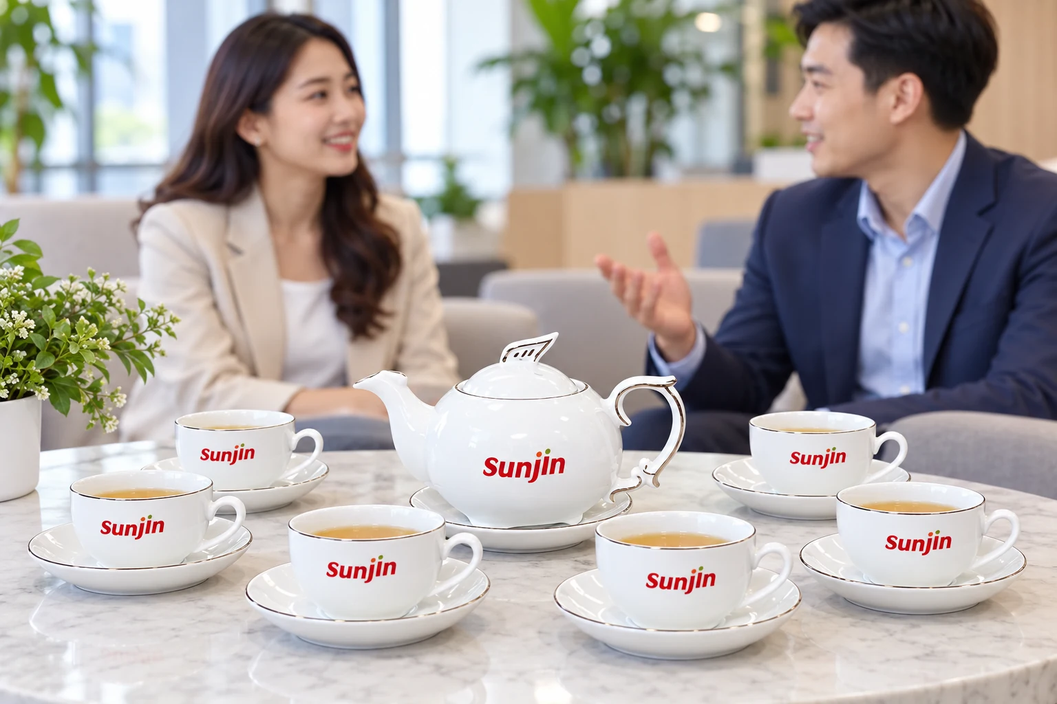 Cảnh tái dựng bộ trà trắng Sunjin với một ấm và sáu chén đĩa tại phòng tiếp khách