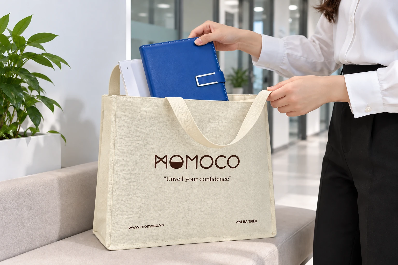 Tay lấy sổ xanh khỏi túi màu kem có nhận diện MOMOCO cạnh tập tài liệu mỏng