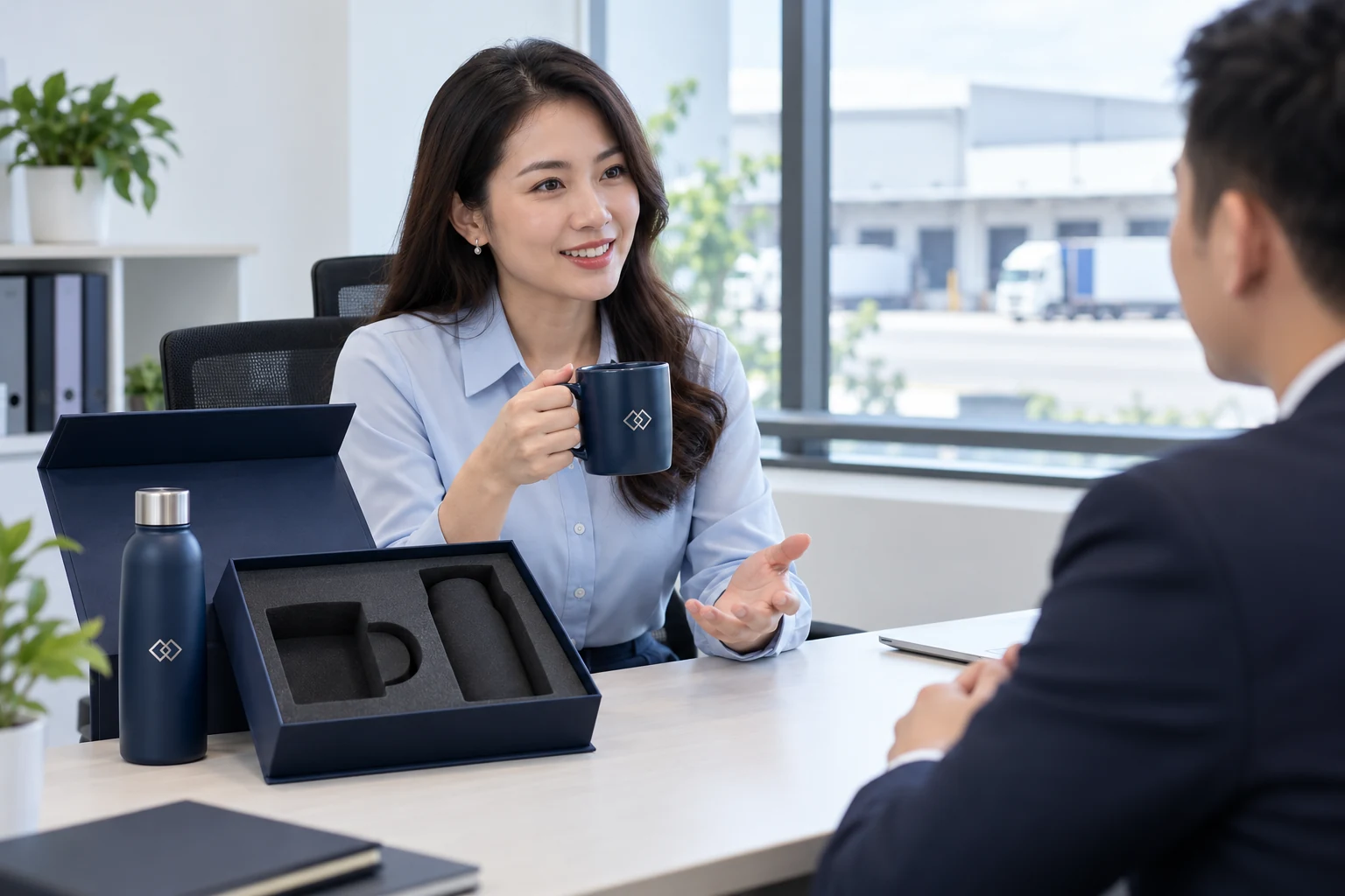 Cảnh tạo người nhận dùng cốc từ bộ quà bình cốc tại văn phòng đối tác