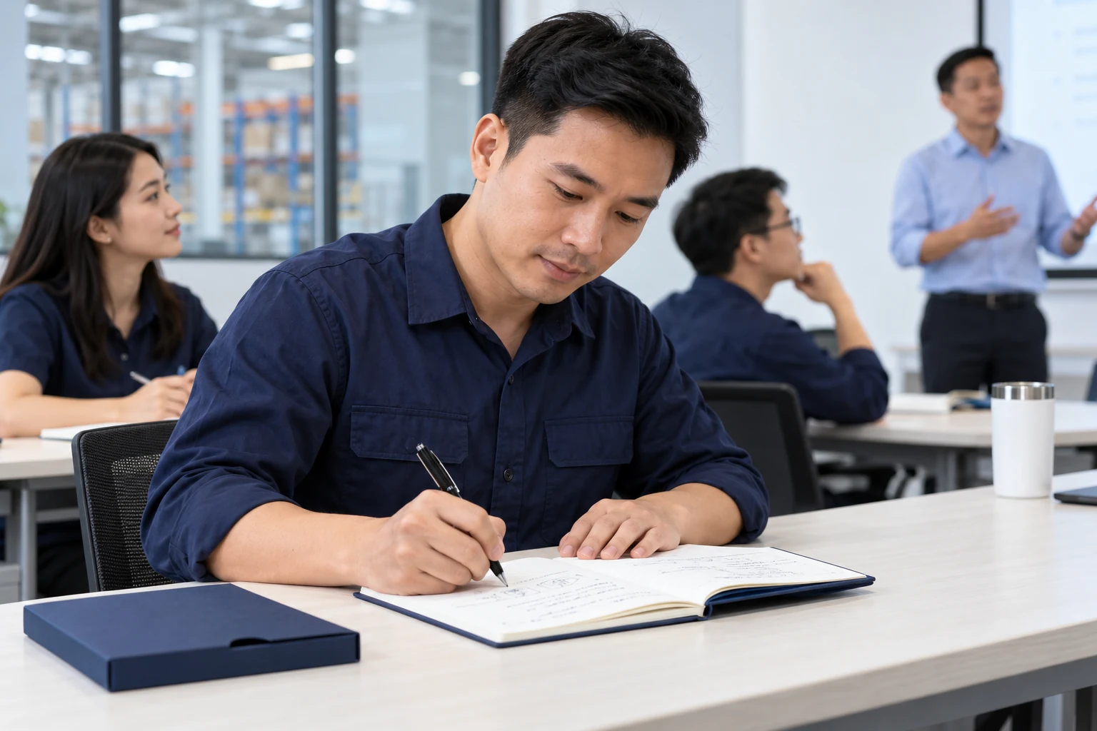 Cảnh tạo nhân sự logistics ghi sổ trong phòng đào tạo tách khỏi kho vận hành
