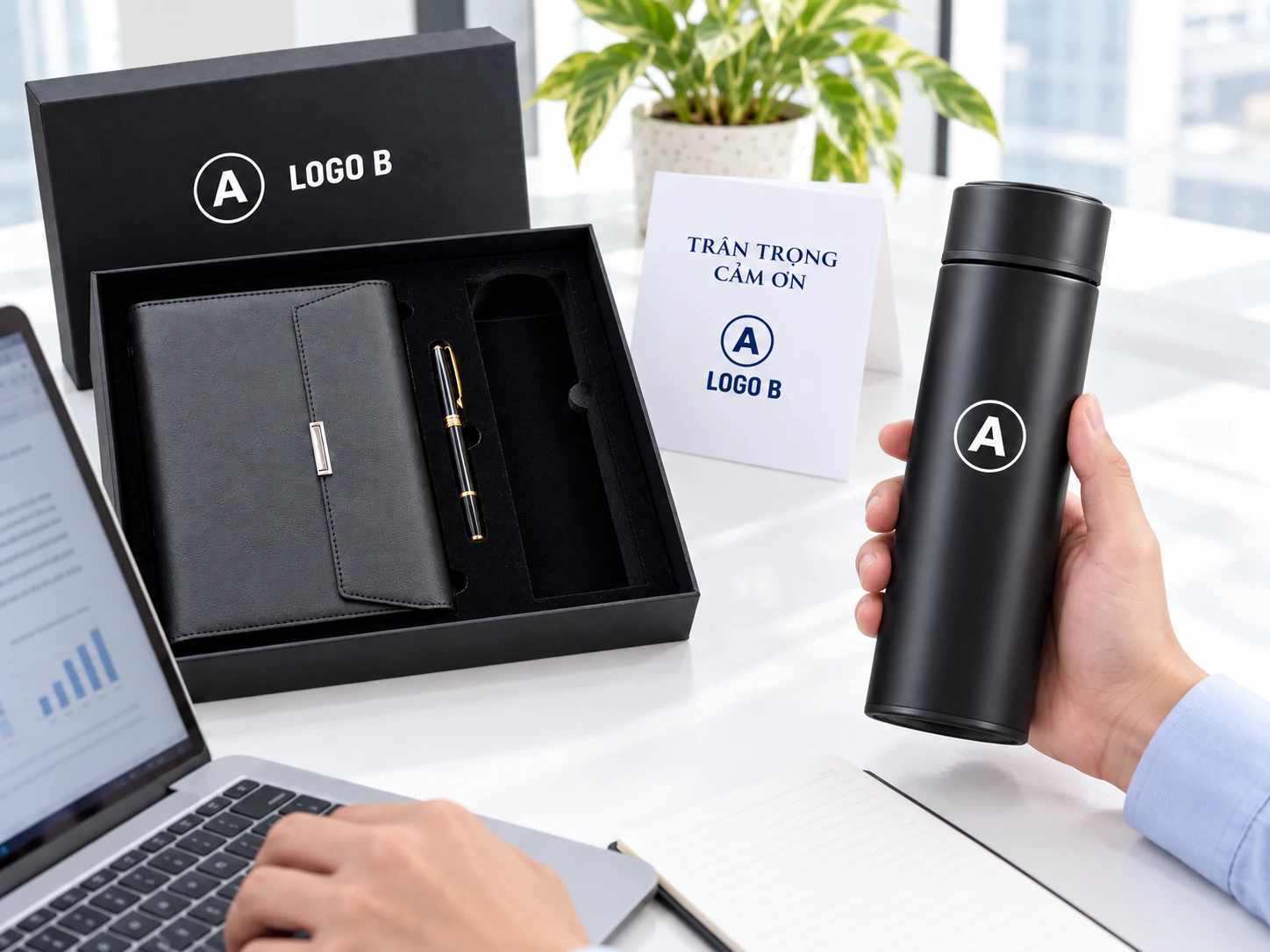 Bình chỉ mang A được lấy ra dùng riêng, LOGO B còn trên hộp và thiệp phía sau