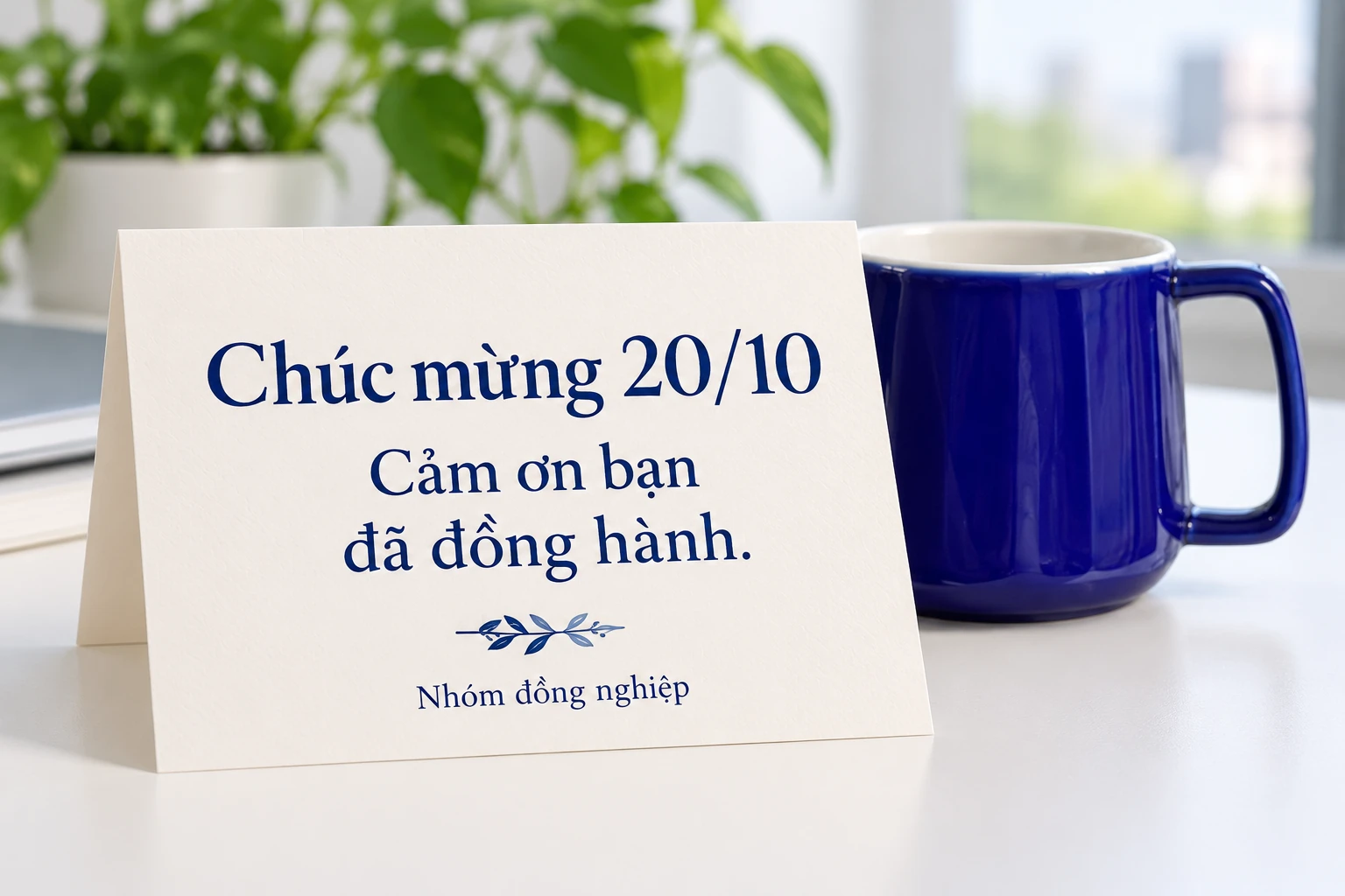 Thiệp ghi Chúc mừng 20/10 và Cảm ơn bạn đã đồng hành bên cốc cobalt