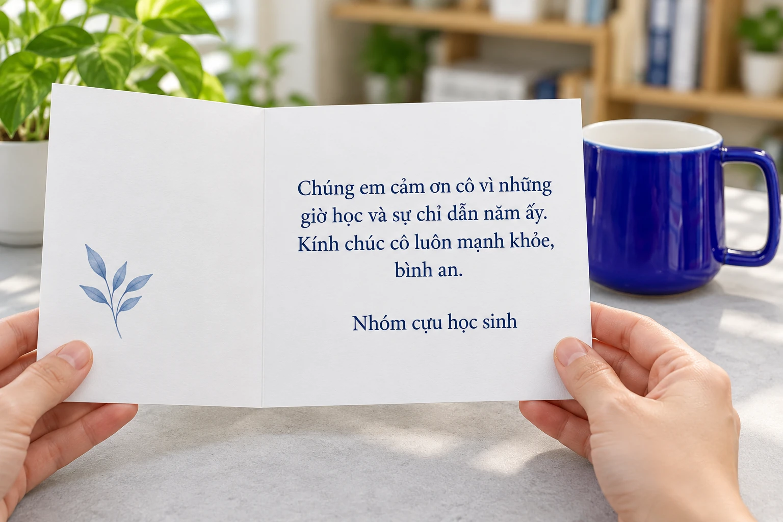 Thiệp có lời cảm ơn cô và tên nhóm cựu học sinh giả định cạnh cốc cobalt