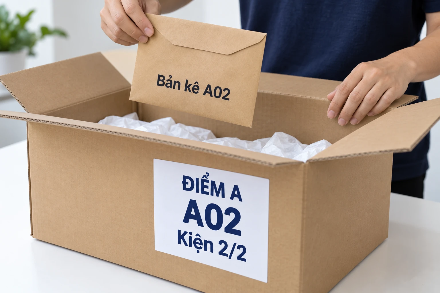 Thùng ghi Điểm A, A02, Kiện 2/2 và phong bì Bản kê A02