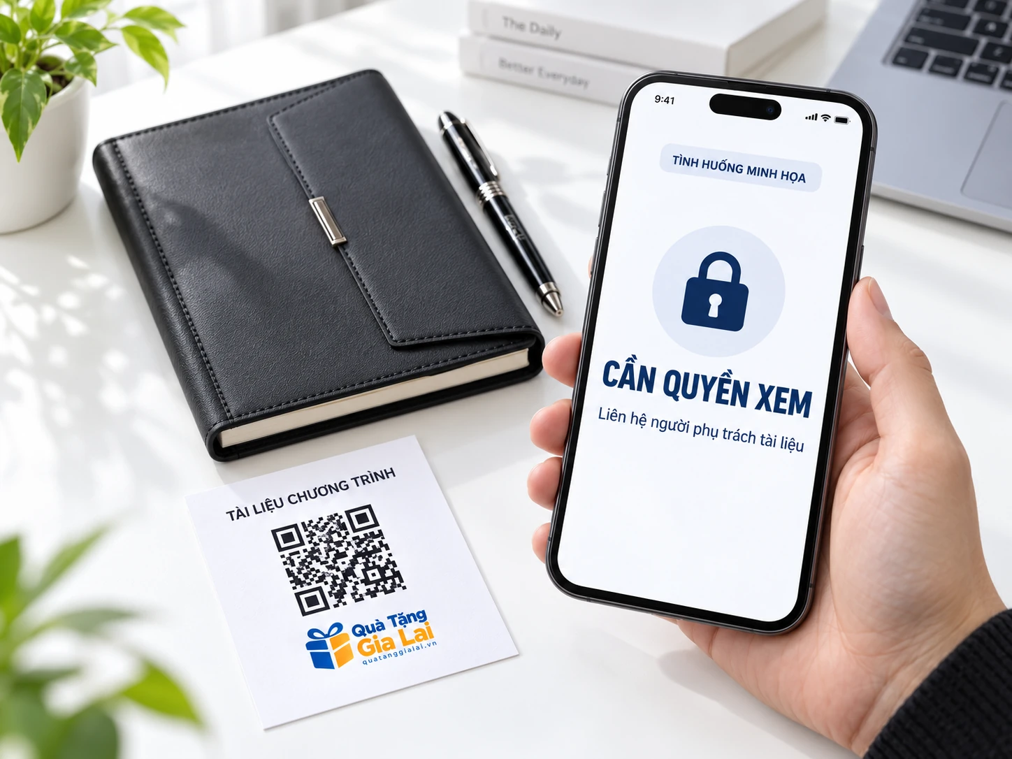 Điện thoại hiển thị tình huống minh họa trang tài liệu cần quyền xem