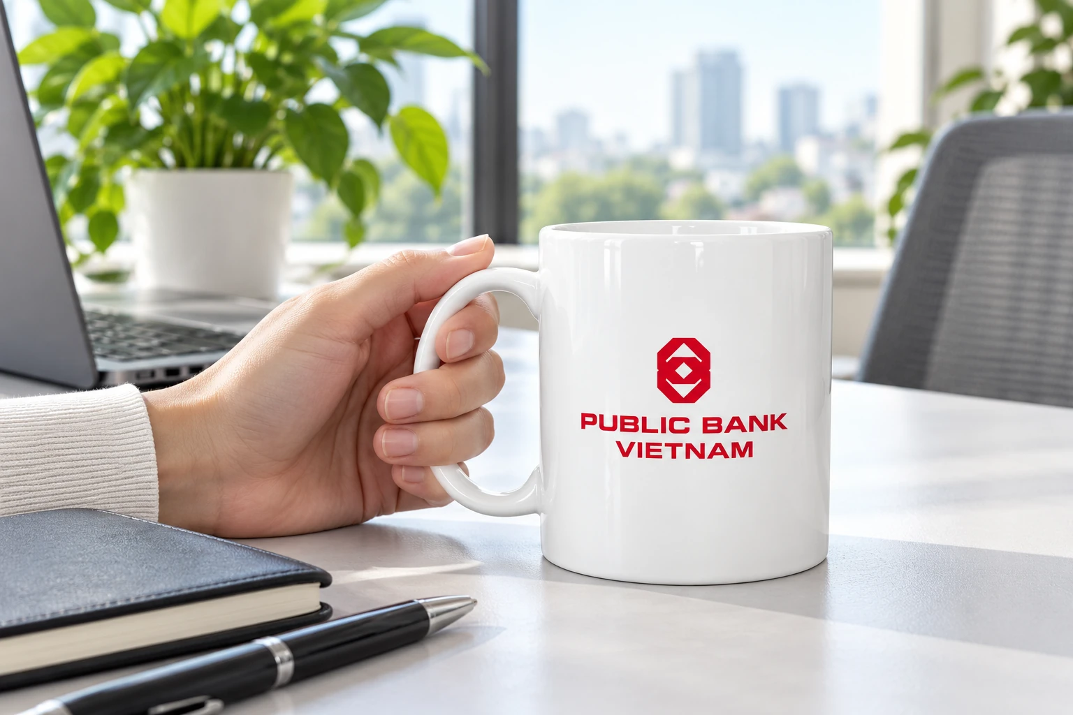 Cốc trắng Public Bank Vietnam đặt ở bàn riêng, tay cầm quai khi cốc còn trên bàn