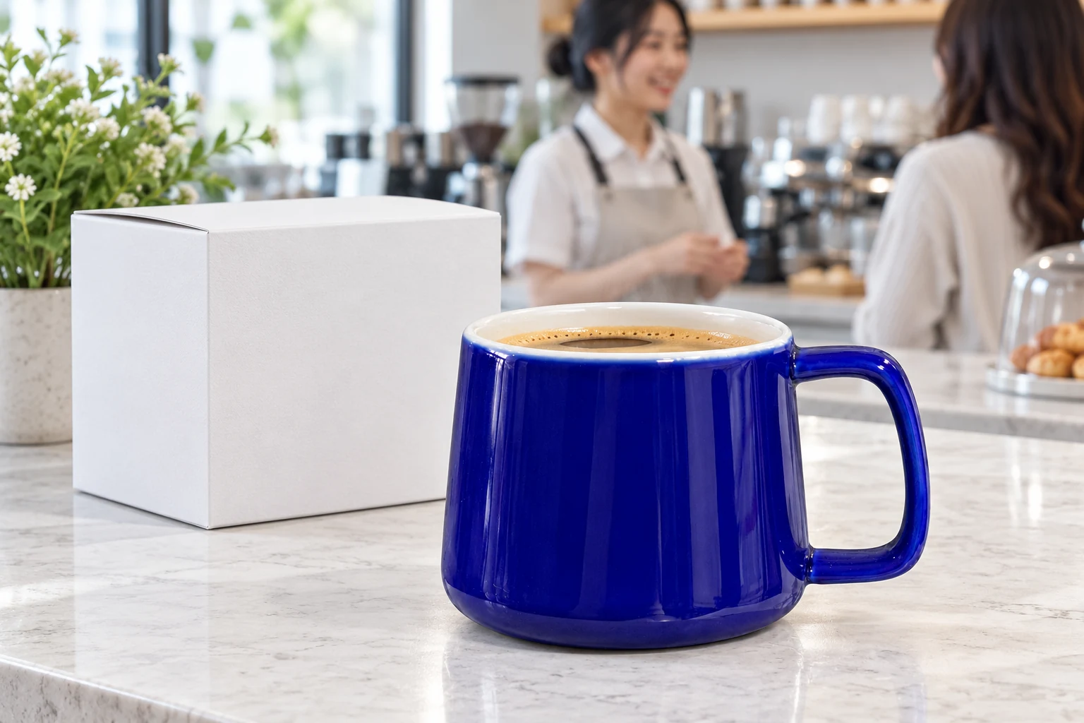 Cảnh tái dựng cốc xanh cobalt có quai đặt trên quầy cà phê cùng hộp trắng minh họa