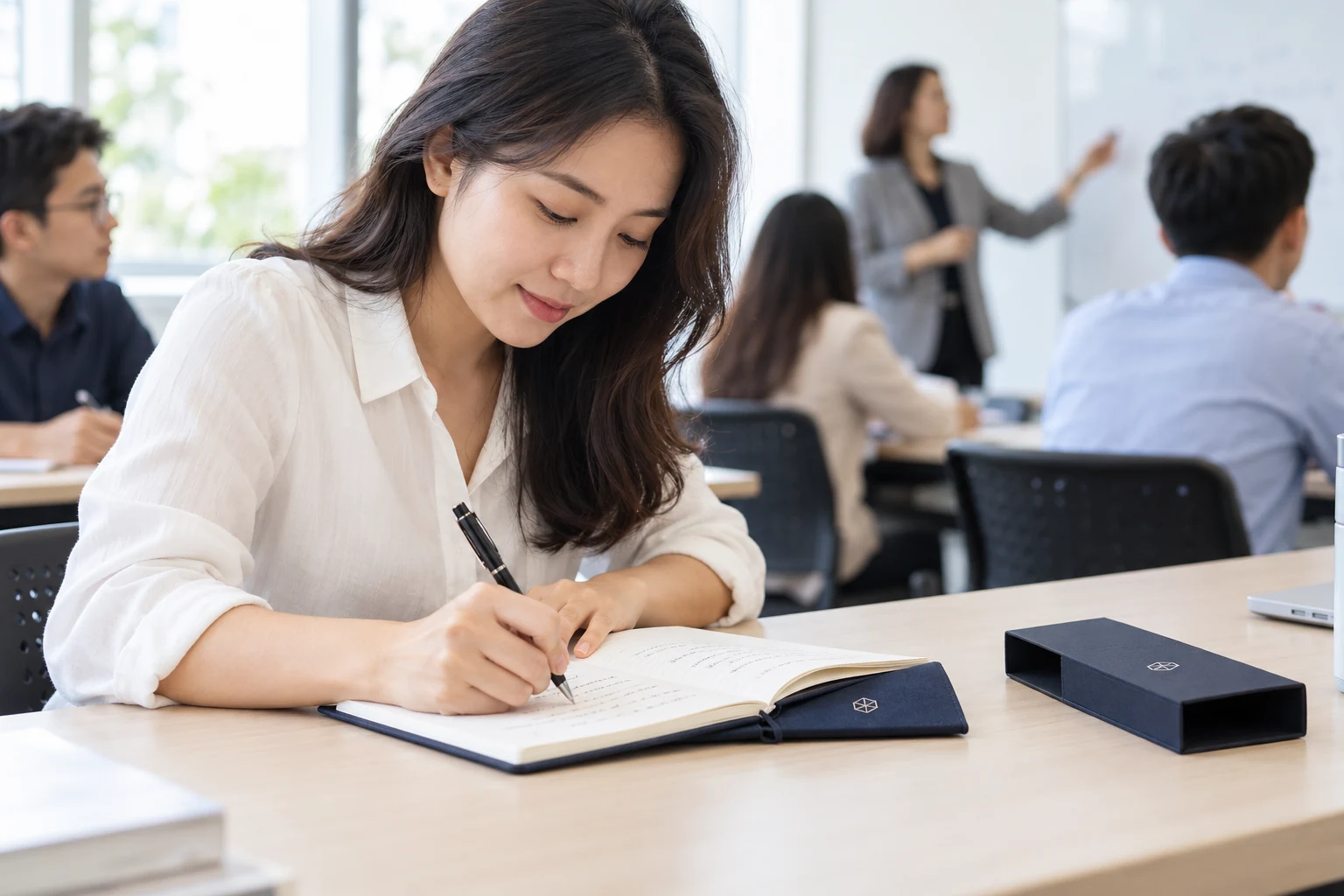 Cảnh tạo học viên trưởng thành dùng sổ bút ghi chép trong lớp học