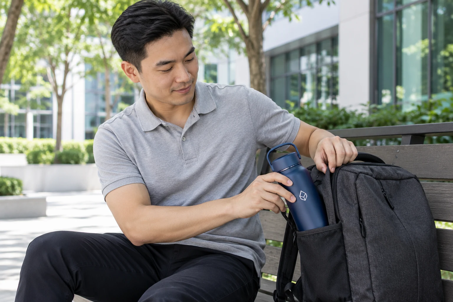 Cảnh tạo người dùng đặt bình xanh đã đóng nắp vào ngăn bên của ba lô