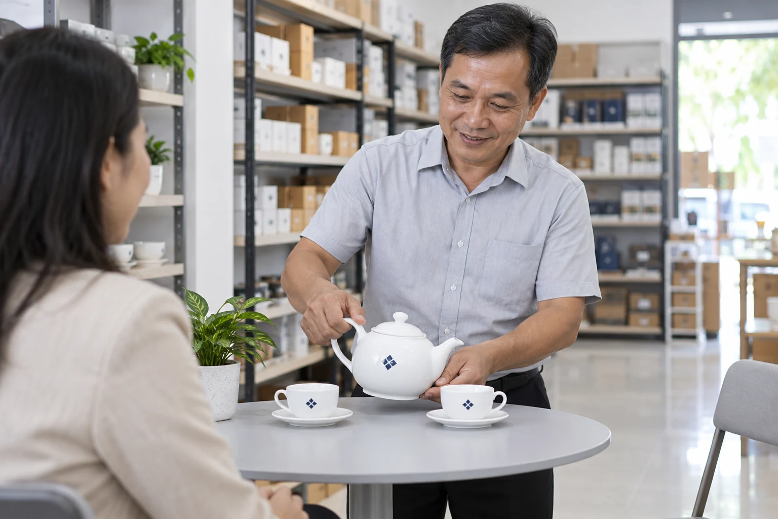 Cảnh tạo chủ cửa hàng đặt bộ trà trắng tại bàn tiếp khách dùng chung