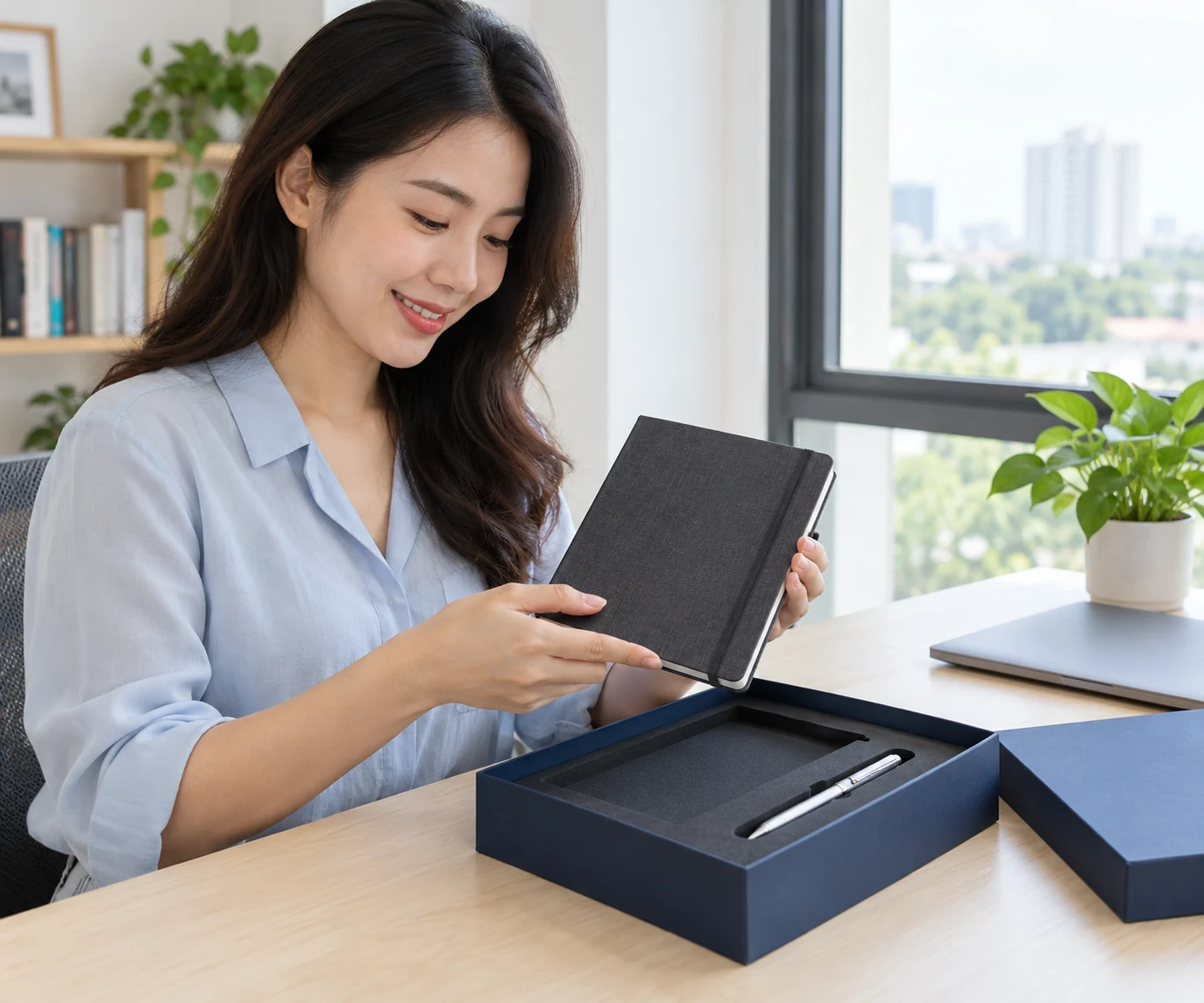 Cảnh tạo người nhận mở hộp quà sổ bút tại bàn làm việc ở nhà