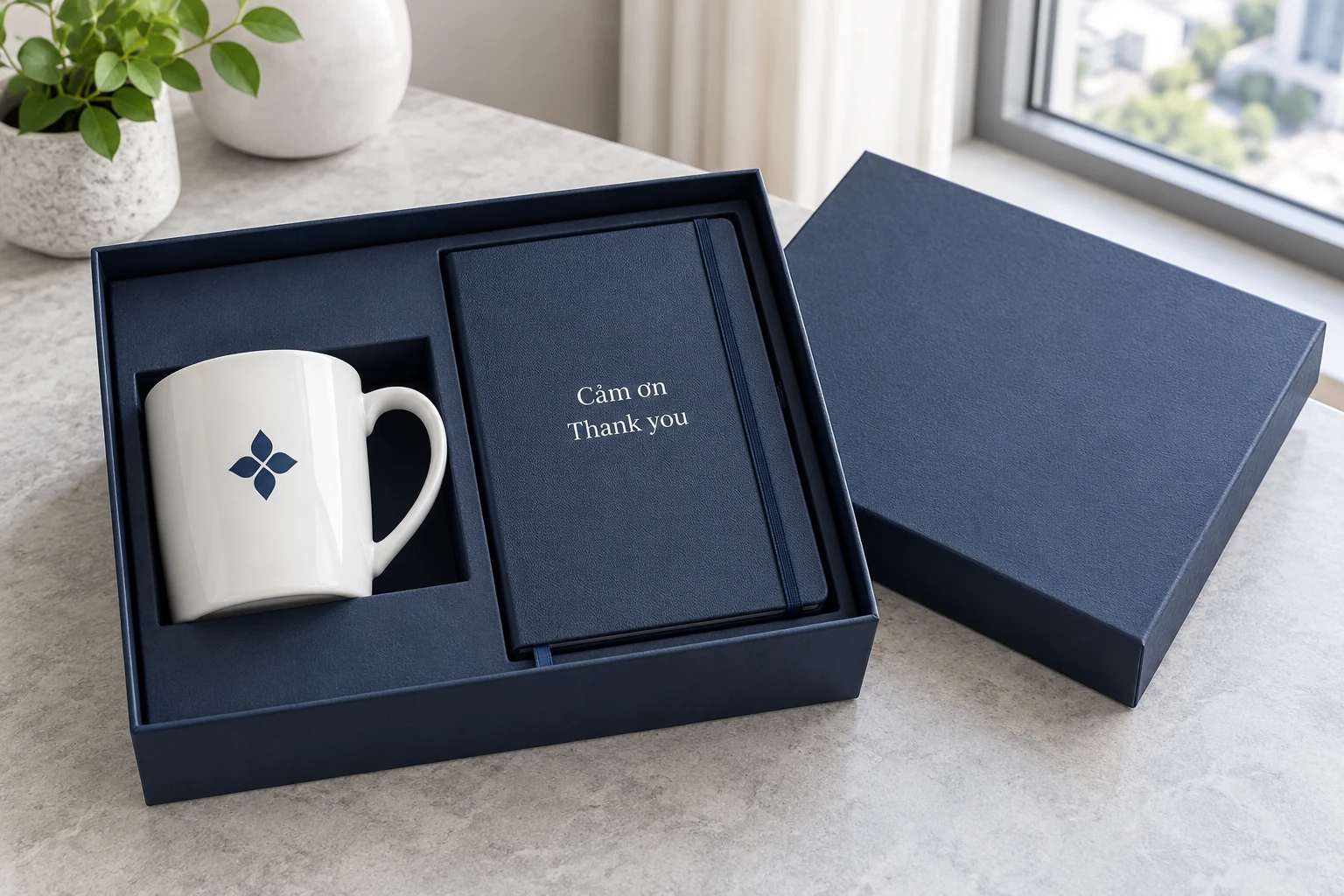 Cảnh tạo bộ cốc và sổ có lời Cảm ơn, Thank you trong hộp xanh
