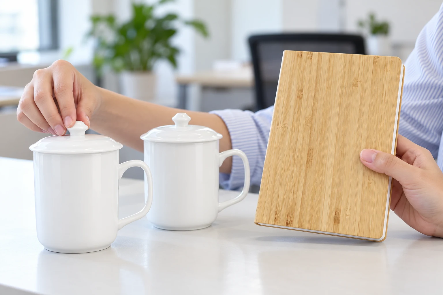 Cảnh minh họa kiểm cốc có nắp và sổ bìa tre sau khi nhận quà